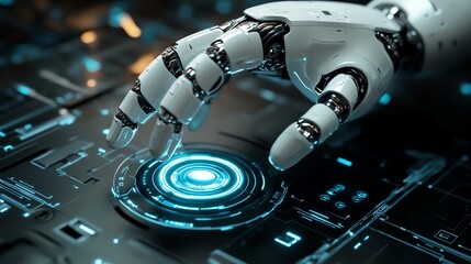 Poster - a robot activating a virtual button with precision in a digital workspace, showcasing the concept of