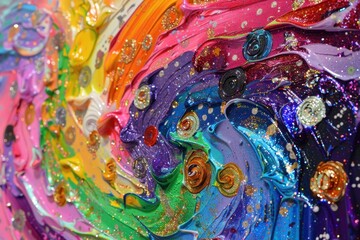 Poster - Colorful abstract painting with vibrant swirls and glitter in a studio setting, showcasing creativity and artistic expression