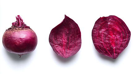 Wall Mural - Beetroot bundle, whole vegetable and cut in slices, isolated on a white background.