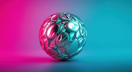 Wall Mural - Metallic sphere with abstract patterns on vibrant pink and blue gradient background