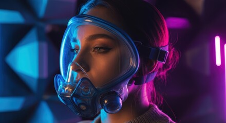 Wall Mural - Young caucasian female in futuristic mask with neon lighting