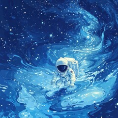 Wall Mural - cartoon astronaut navigates swirling blue galaxy filled with shining stars