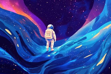 Wall Mural - astronaut stands on a colorful planet gazing into space