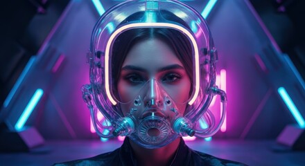 Wall Mural - Female in futuristic helmet with neon lights in sci-fi setting