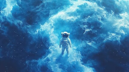 Wall Mural - astronaut stands amidst stunning blue clouds in the cosmos