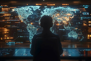 Poster - Person observing global network, futuristic control room
