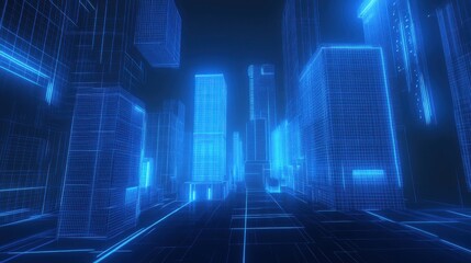 Poster - Futuristic Digital Cityscape with Neon Wireframe Buildings at Night