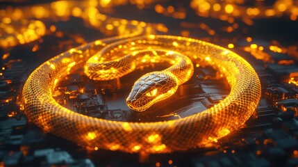 Poster - glowing golden snake coiled on circuit board background