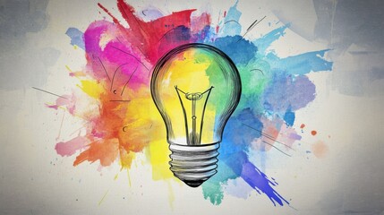 Poster - Colorful artistic light bulb with watercolor splash background