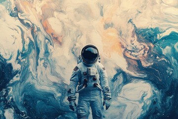 Wall Mural - astronaut stands amidst swirling cosmic nebula painted in blue hues