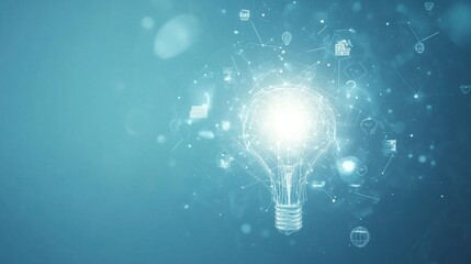 Poster - Bright Light Bulb Surrounded by Abstract Digital Icons and Symbols