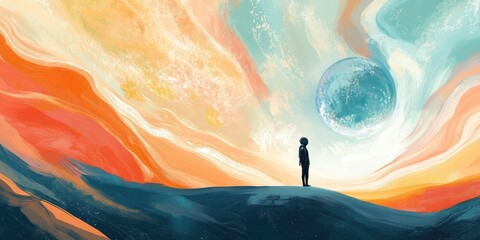 Wall Mural - astronaut contemplates large planet set against a vibrant colorful sky
