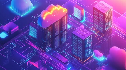 Poster - Futuristic Cityscape with Neon Lights and Abstract Cloud Technology