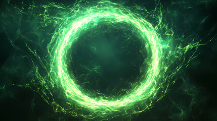 Wall Mural - glowing green energy ring abstract circular composition with electric sparks, digital art, energy, p