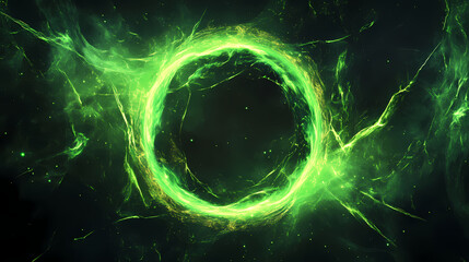 Wall Mural - glowing green energy ring abstract circular composition with electric sparks, digital art, energy, p