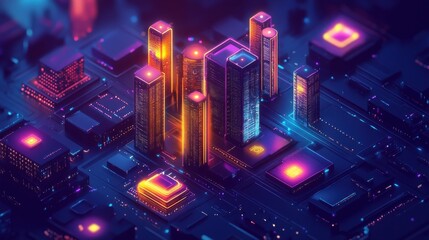 Poster - Vibrant Futuristic Cityscape with Neon Lights and Skyscrapers