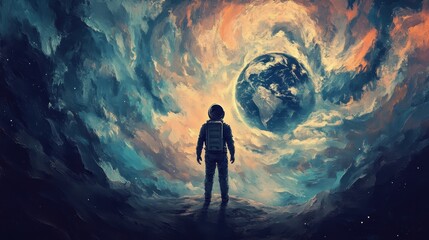Wall Mural - astronaut stands facing earth against a colorful nebula backdrop