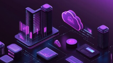 Poster - Futuristic Urban Landscape with Digital Elements and Cloud Icon