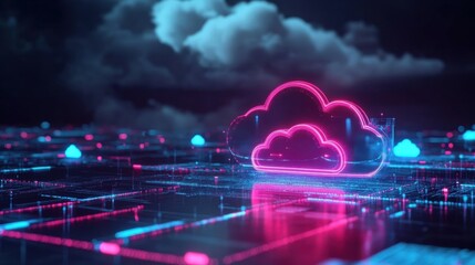 Poster - Neon Cloud Computing Visual with Digital Network Design and Effects