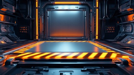 Poster - Futuristic Industrial Interior with Neon Lights and Warning Stripes