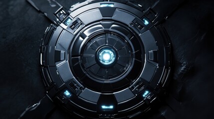 Poster - Futuristic Round Device with Blue Lights on Dark Surface