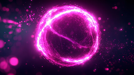 Wall Mural - Abstract glowing pink orb with a ring of light and glowing particles in a dark background. Magnetic Light Resonance. Illustration