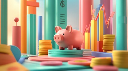 Poster - Colorful Financial Theme with Piggy Bank and Growing Graphs