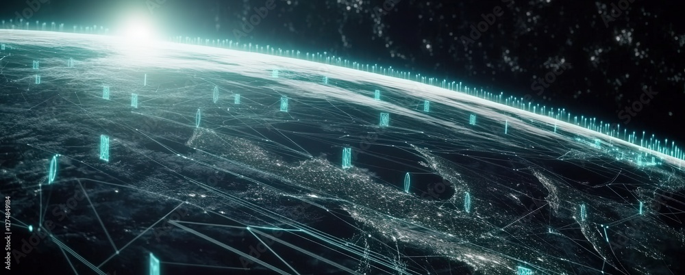 Earth data network from space with digital buildings over cities global ...