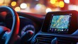 © Artify Shots - A close-up view of a car's interior highlighting a GPS navigation system illuminated at night with vibrant city lights reflected in the dashboard