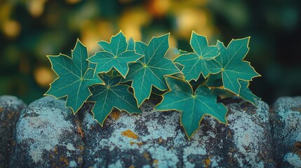 Wall Mural - vibrant green leaves on mossy stone wall nature closeup lush foliage botanical beauty