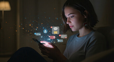 Woman interacting with simulated notifications on her mobile device at night.