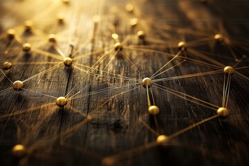 golden network connection on wood, sunlit background, business concept