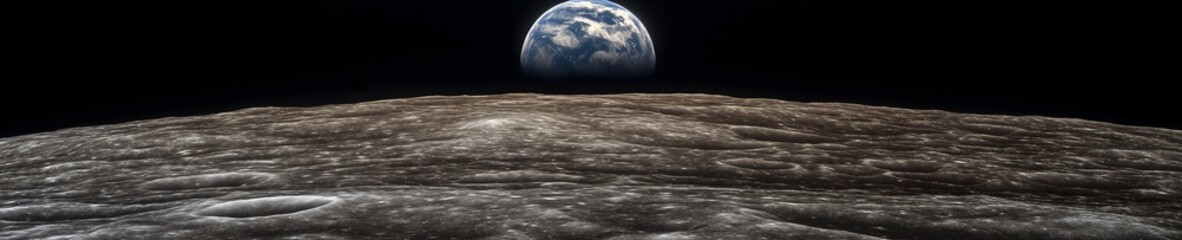 Wall Mural - Stunning view of Earth rising over the barren lunar surface, captured from space, showcasing the contrast between the dark moon and the vibrant blue planet in the vast cosmos