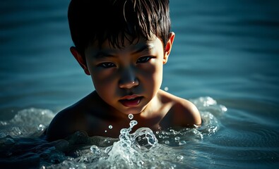 Wall Mural - Young boy having fun in the water on the beach East Asian china japan japanese asian korea korean taiwan east asia singapore singaporean chinese taiwanese hong kong happy