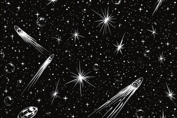 Wall Mural - white comets planets and stars against a black space backdrop