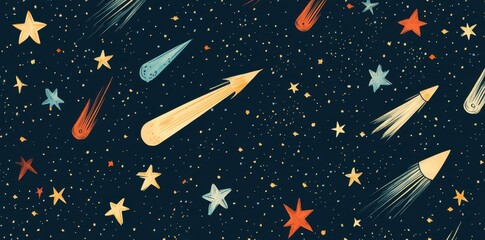 Wall Mural - whimsical celestial pattern shows stars comets and a dark sky