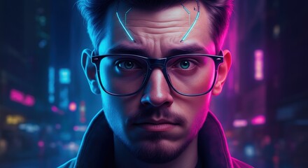 Wall Mural - Young caucasian male with neon glasses in vibrant night cityscape