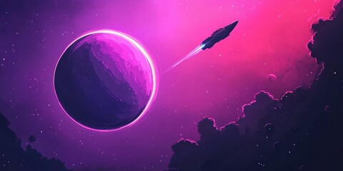 Wall Mural - rocket travels through vibrant space near a purple planet