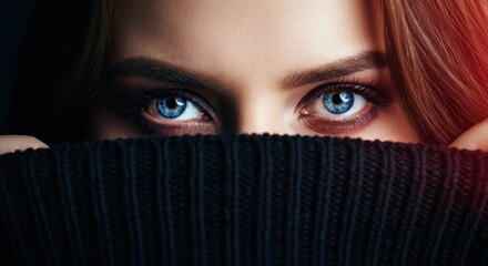 Wall Mural - Close-up of female eyes with intense blue gaze and dark knit covering lower face