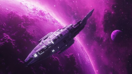 Poster - Sleek spaceship navigates through a vividly colored nebula and planets