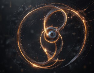 Swirling abstract tech particles against a dark mesh background, abstract, science, particle
