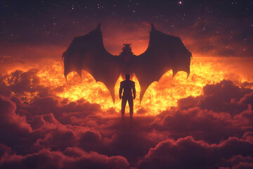  Silhouette figure standing on fiery clouds with large demon wings.  Possible use in fantasy or spiritual media