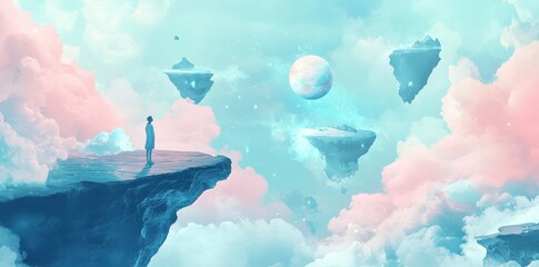 Wall Mural - figure gazes at fantastical floating islands and colorful cosmos