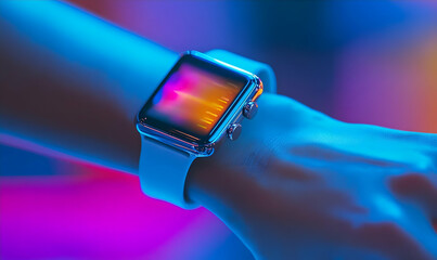 Poster - Smartwatch on wrist, vibrant lighting, digital display, futuristic style, trendy accessory, modern technology