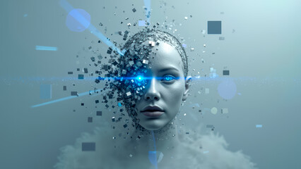 Poster - futuristic art depiction of a female face merging with digital elements and 3d cubes representing te