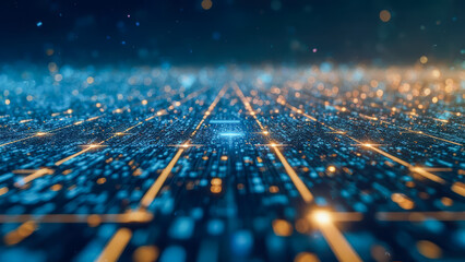 Poster - Futuristic Digital Landscape with Glowing Particles and Lines in Blue and Gold Colors Representing Technology and Innovation