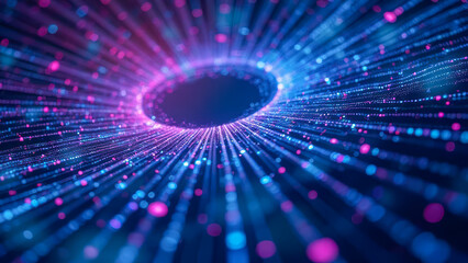 Fototapete - Abstract digital background with glowing lines and particles radiating from a central point in vibrant blue and pink hues