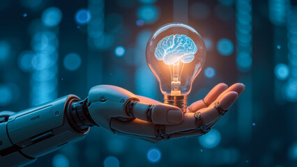 Poster - Robot Hand Holding Light Bulb with Brain Concept Illuminating Innovation and Technology with Glowing Data Background