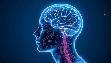 Poster - Human head silhouette showcasing digital brain with circuit patterns against dark blue background representing technology and neuroscience innovation