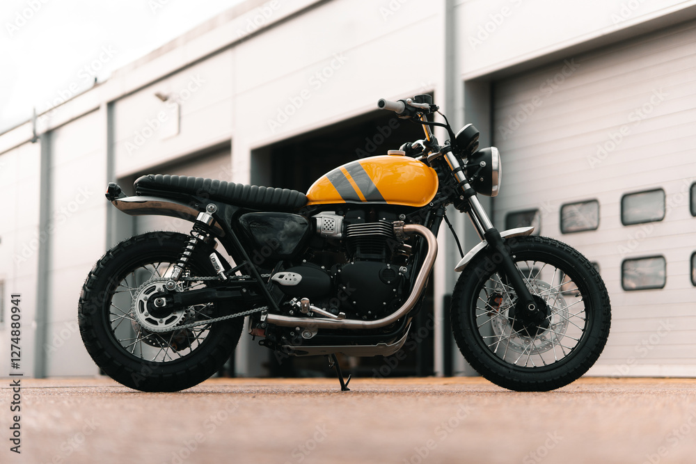 Retro motorcycle, yellow classic motorbike cafe racer scrambler style ...